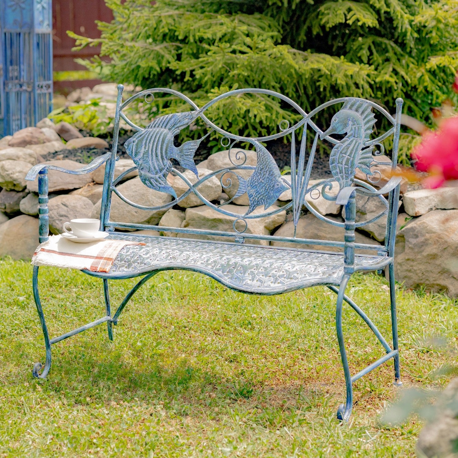 Garden Bench with Aquatic Motifs and Seahorse Details