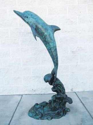Garden Fountain: Verdigris Teal Leaping Outdoor Sculpture
