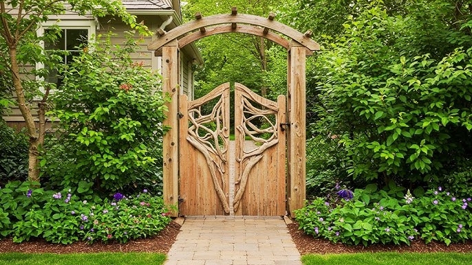 Garden Gate with Branch-Like Overlay and Rustic Wood