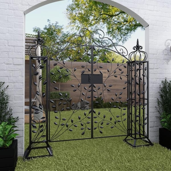 Garden Gate with Leaf Scrollwork and Ornate Finials