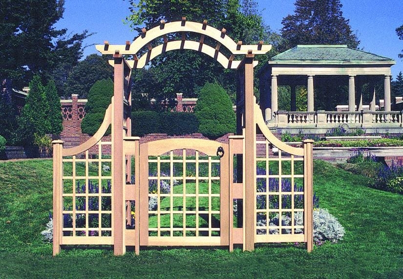 Garden Gate with Square Lattice Grid and Wood Arbor
