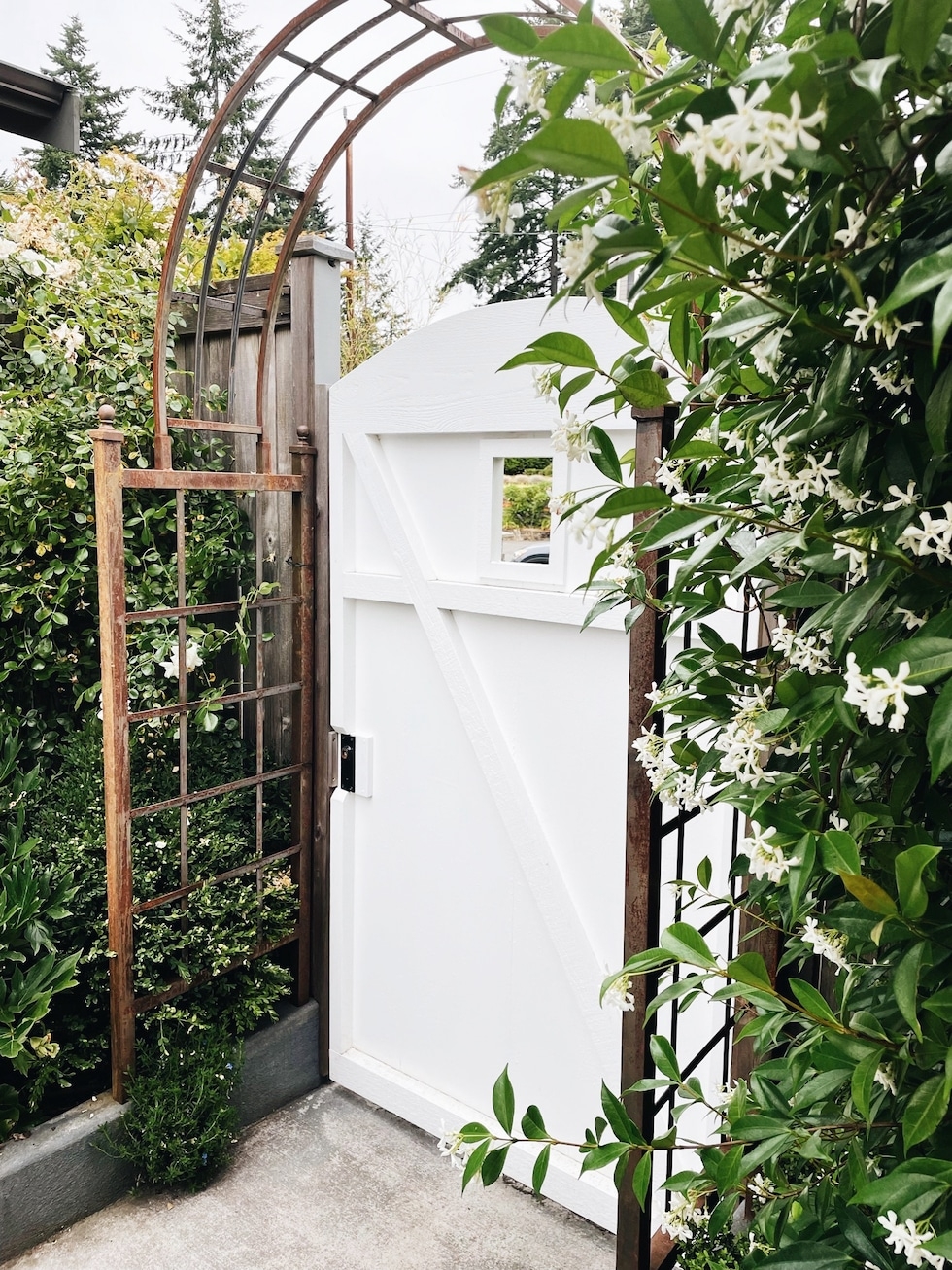 Garden Gate with Viewing Window and White Wood Arch