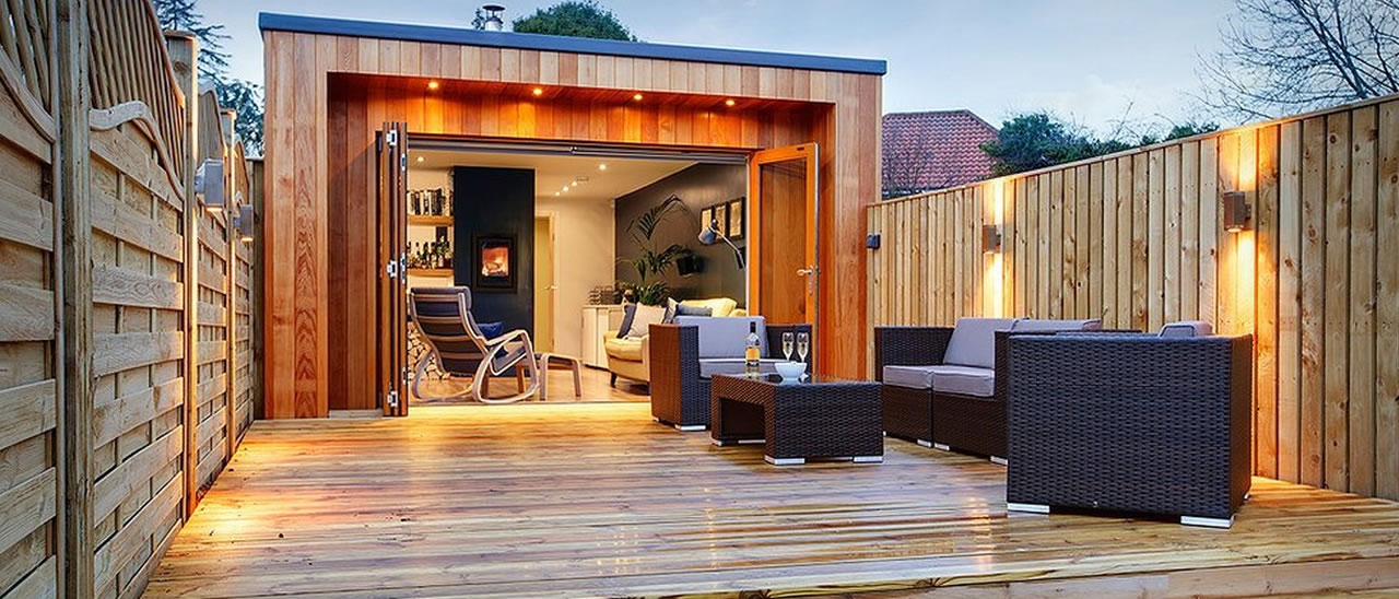 Garden Room Bi-Fold Glass Doors with Wood Cladding