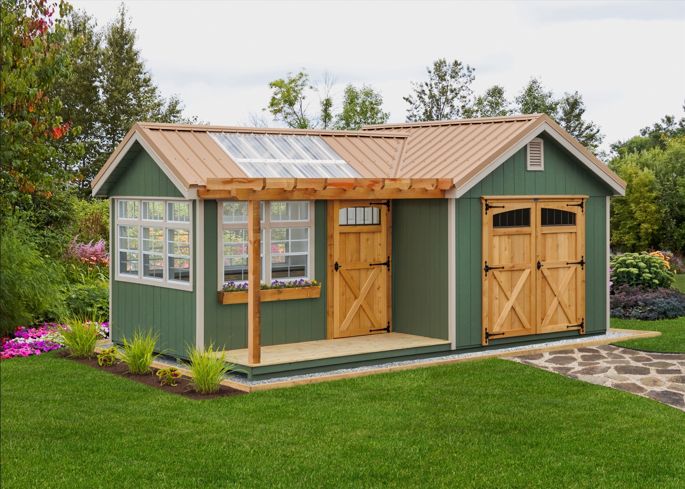 Garden Shed with Wood Pergola and Sage Green Siding