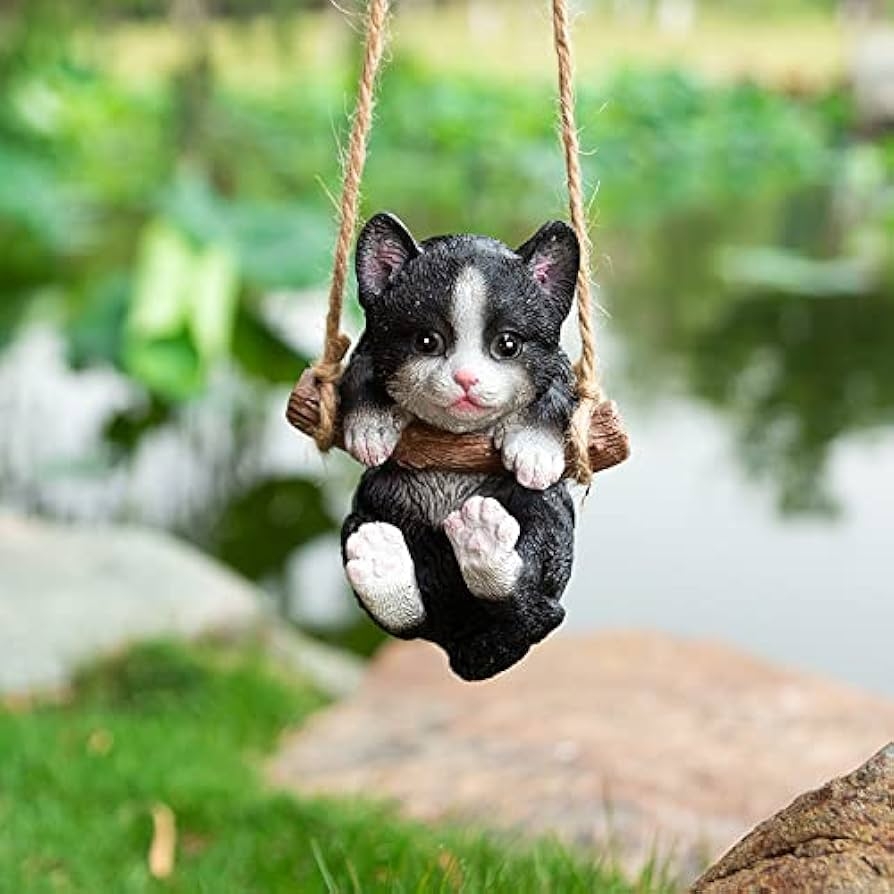 Garden Statue: Hanging Tuxedo Kitten Rope Swing Decor