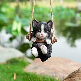Garden Statue: Hanging Tuxedo Kitten Rope Swing Decor