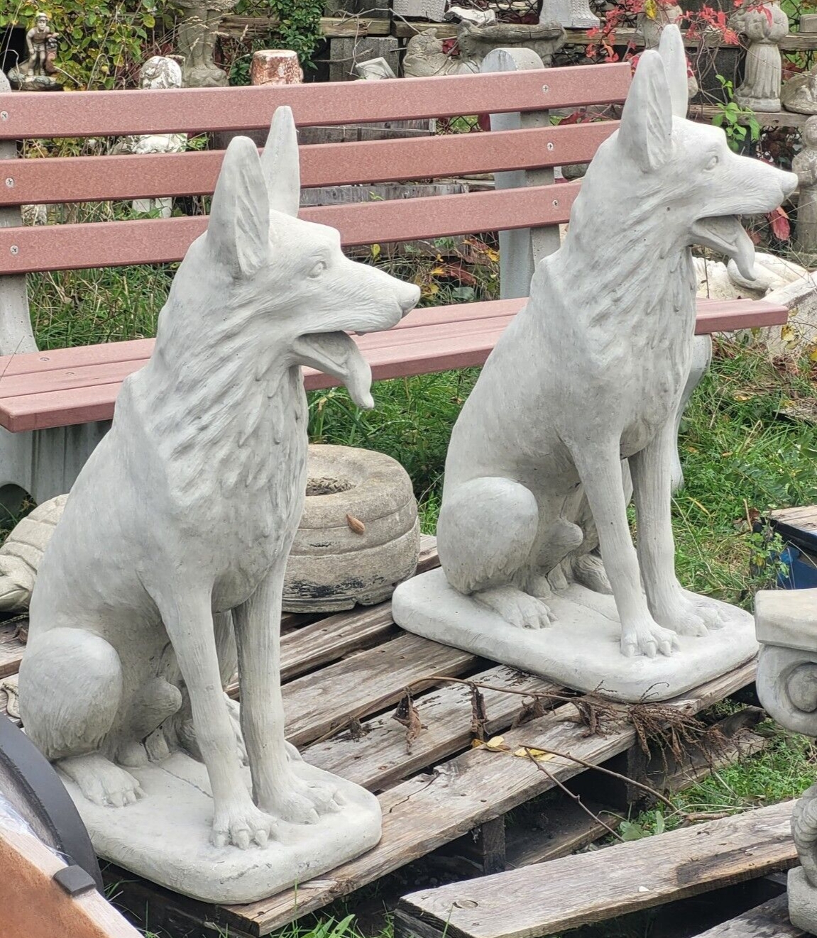 Garden Statue in Seated Pose and Large Stone Dog Figure Style