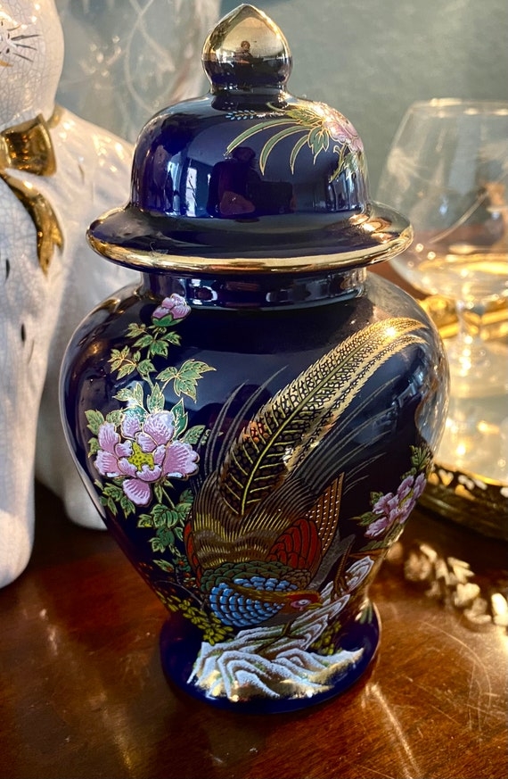 Ginger Jar Cobalt Bird Motif Gilded Trim Floral Decor