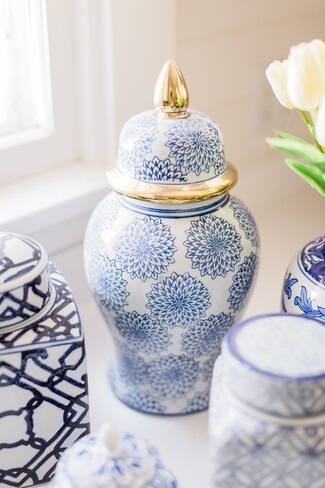 Ginger Jar Lotus Pattern Gold Finial Coastal Mantel Jar