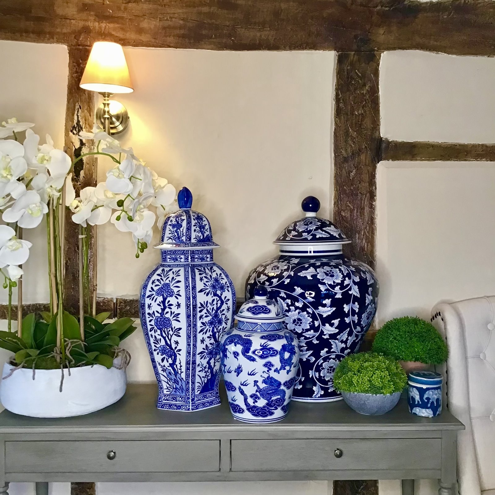 Ginger Jar Navy Dragon Motif Hexagonal Porcelain Vases