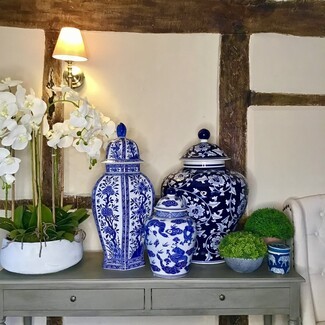 Ginger Jar Navy Dragon Motif Hexagonal Porcelain Vases