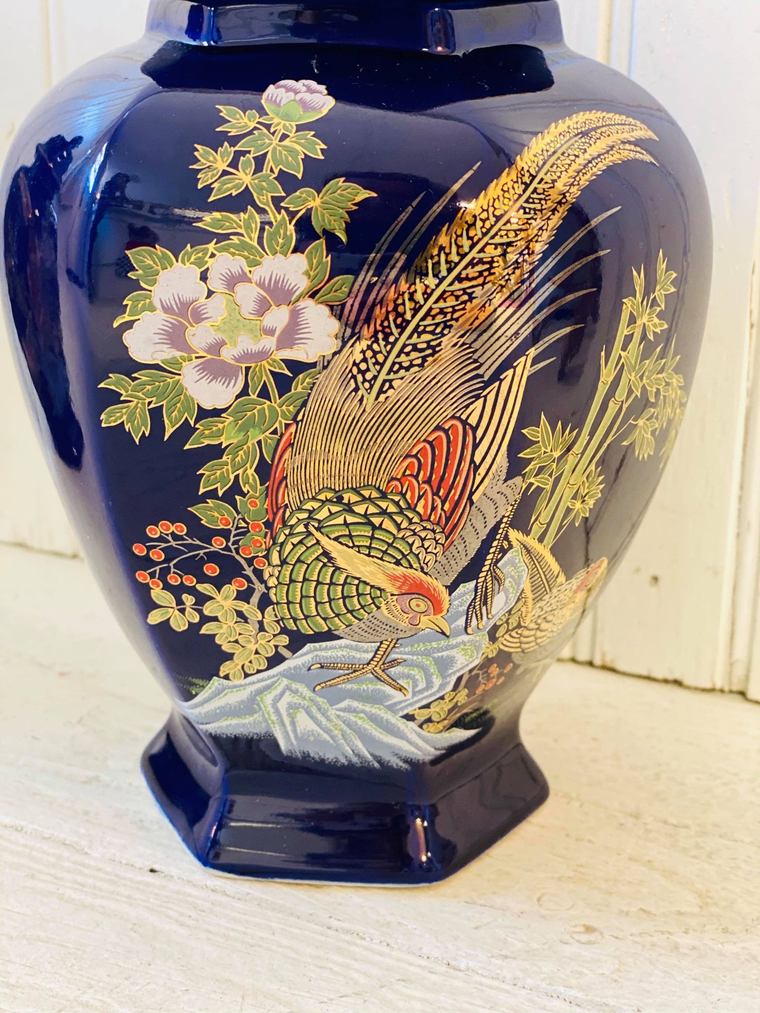 Ginger Jar Pheasant Motif Octagonal Gold Pheasant Jar