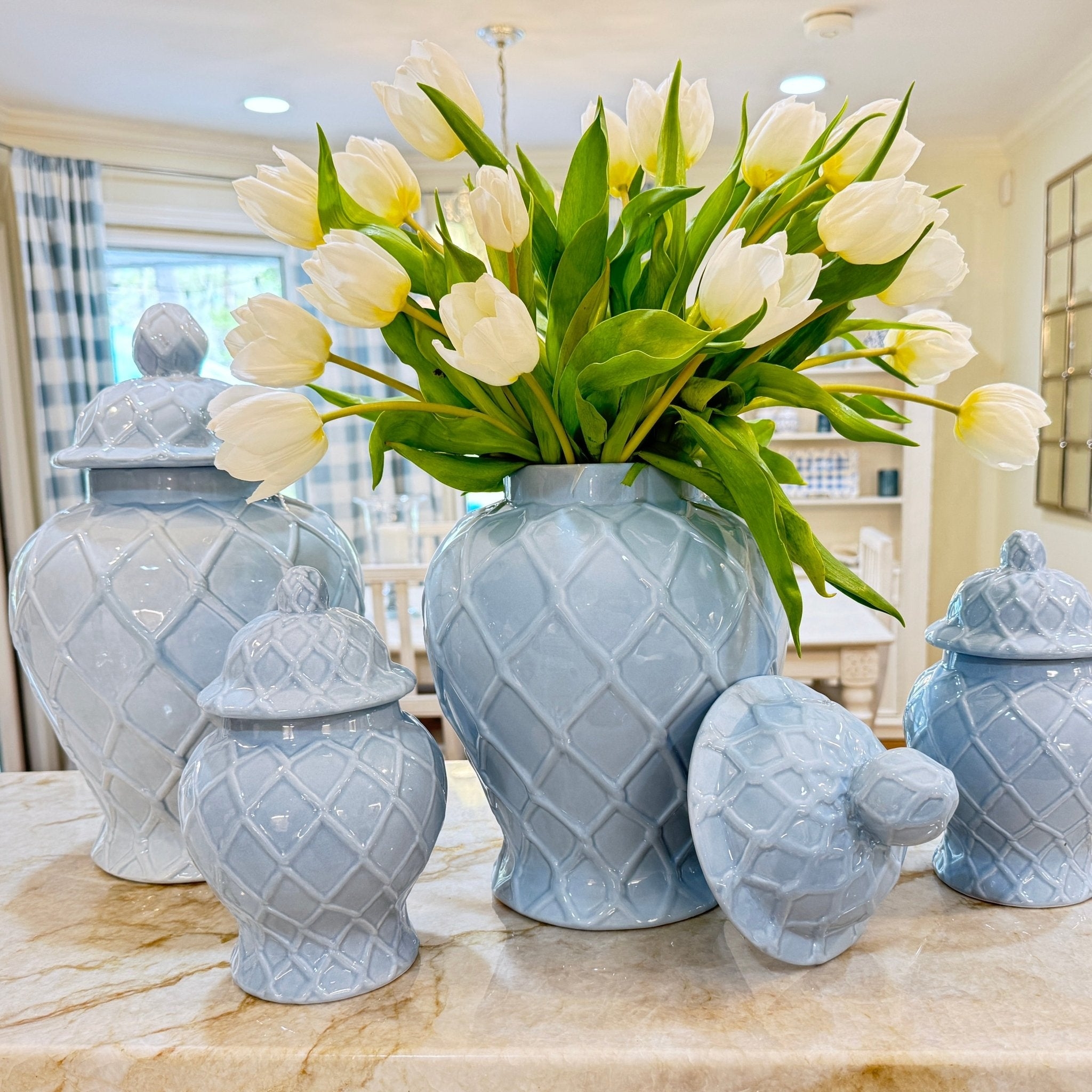 Ginger Jar Sky Blue Diamond Lattice Pattern Coastal Decor