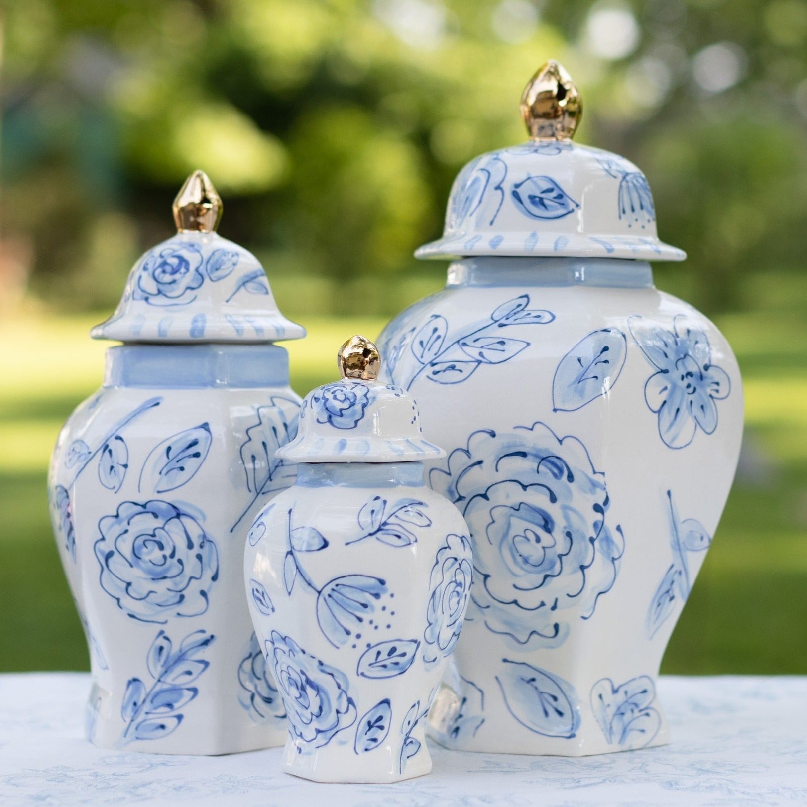 Ginger Jars Gold Finials Graduated Trio Blue Floral Decor