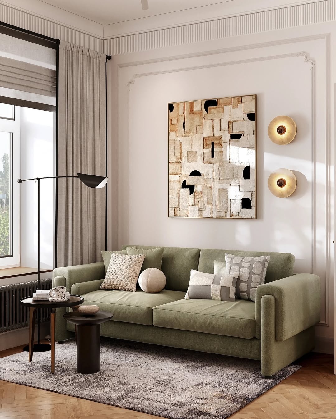Green Sofa: Moss Green Upholstery with Distressed Grey Rug