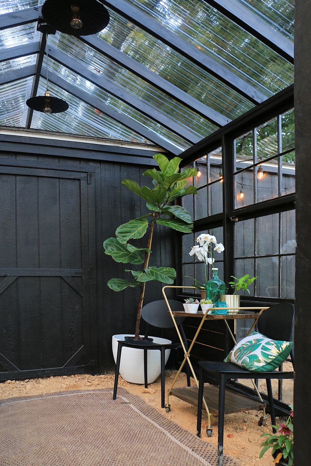Greenhouse Interior with Fiddle Leaf Fig and Brass Cart