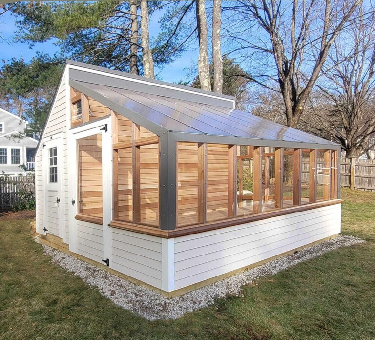 Greenhouse Shed Combo in White Siding and Mixed Materials