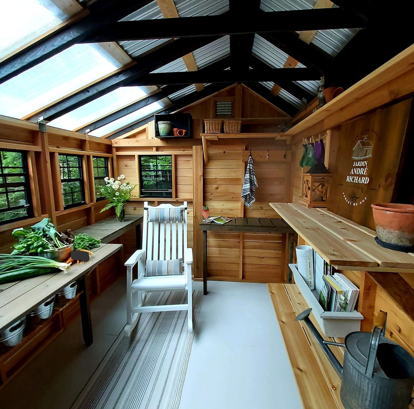 Greenhouse Shed Combo with White Rocking Chair and Cedar