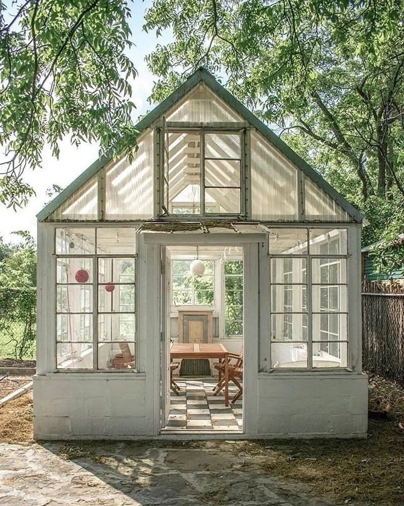Greenhouse with Checkerboard Floor and White Masonry Base