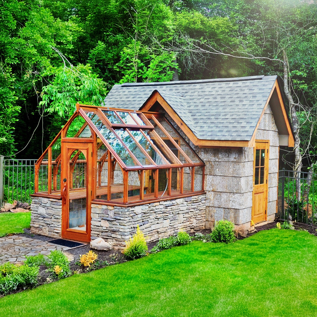 Greenhouse with Gothic Arch and Tudor Redwood Framing