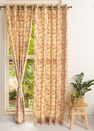 Grommet Curtains: Leaf Motif Pattern Ethnic Cotton Drapery