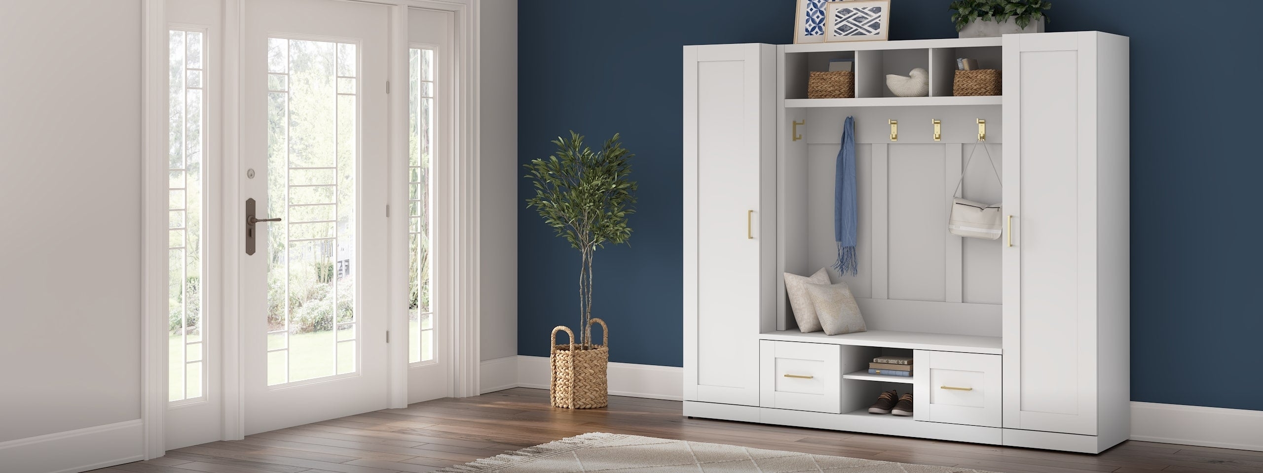 Hall Tree Crisp White Tall Wardrobes Gold Brass Hardware Set