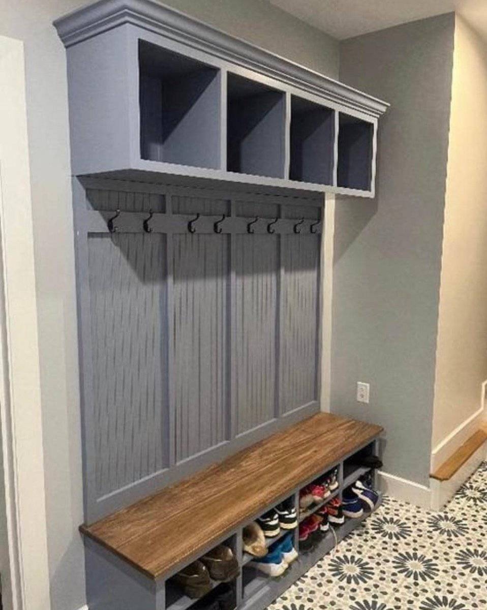 Hall Tree: Dusty Blue Mudroom Bench with Integrated Shoe Cubbies
