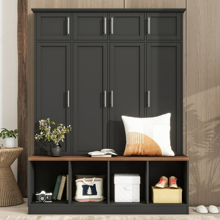 Hall Tree Locker with Charcoal Shaker Panels and Walnut Seat