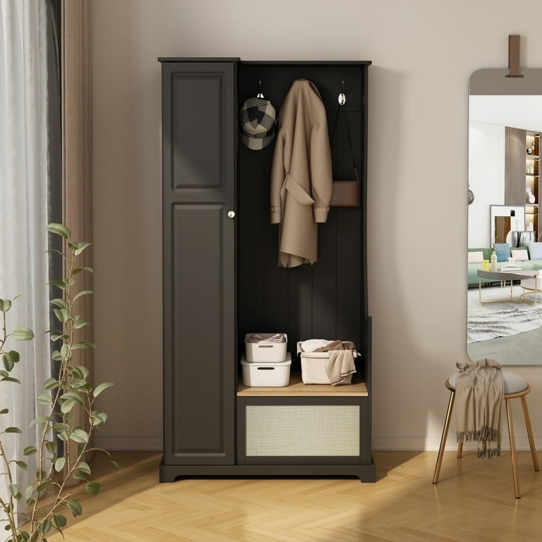 Hall Tree Matte Black Woven Cane Panel Rustic Mudroom Organizer