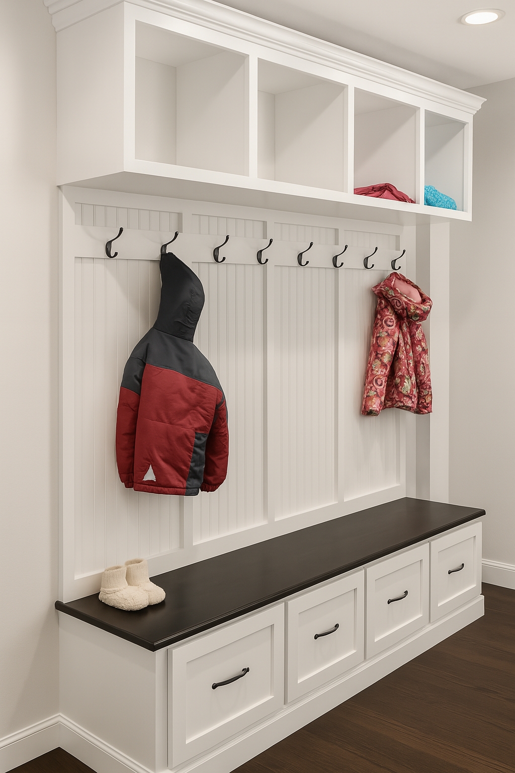 Hall Tree: Transitional Entryway Storage Bench with Four Drawers