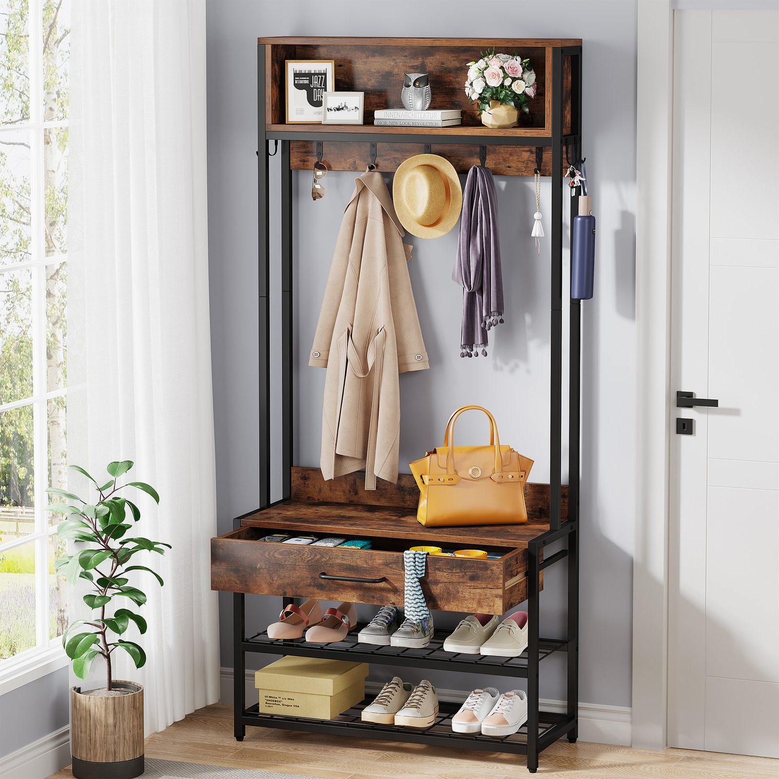 Hall Tree Walnut Brown Integrated Cubby Shelf Industrial Bench