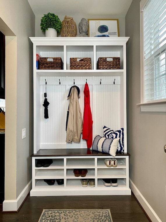 Hall Tree: White Entryway Organizer Bench with Nine Shoe Cubbies