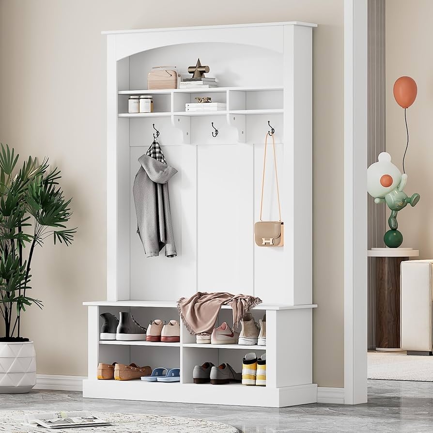 Hall Tree with Arched Top and Vertical Panel Storage Bench
