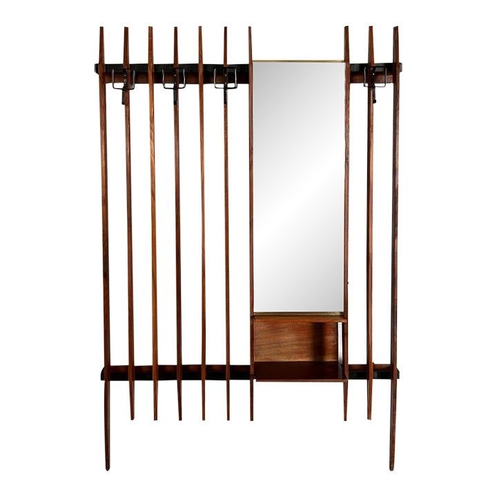 Hall Tree with Vertical Slat Frame and Asymmetric Mirror