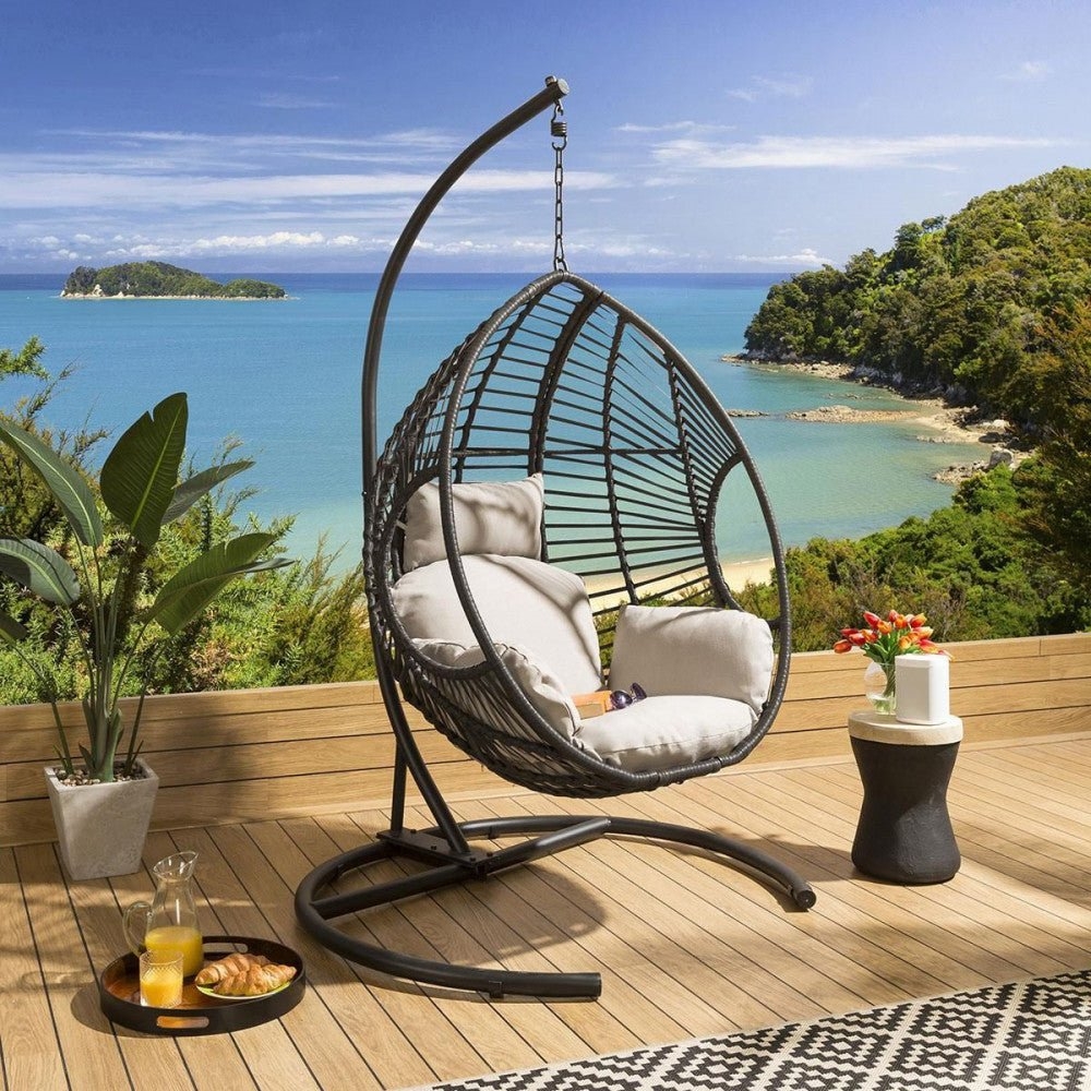 Hanging Pod Chair Black Wicker C-Frame Coastal Patio Furniture