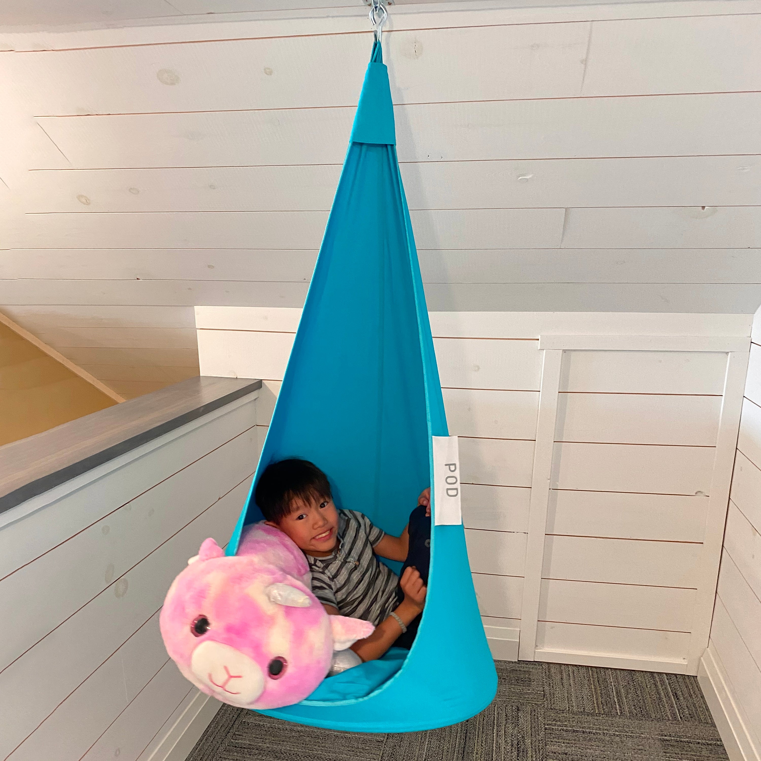 Hanging Pod Chair Teal Fabric Modern Playroom Nook