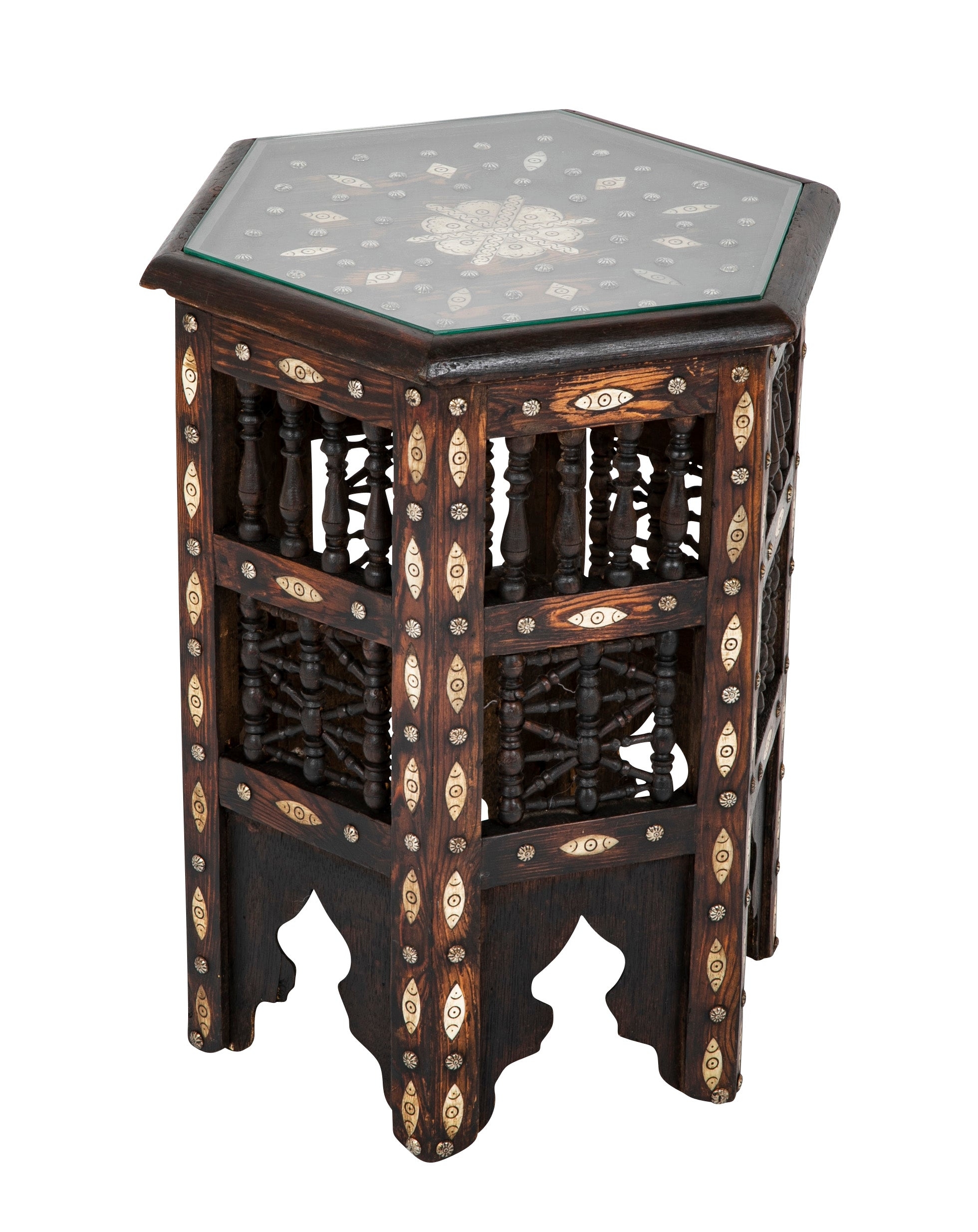 Hexagonal Side Table Spindle Latticework Bone Inlay Wood