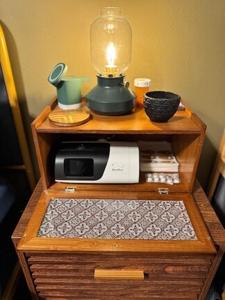 Hidden Storage Nightstand with Louvered Design Glass Cabinet