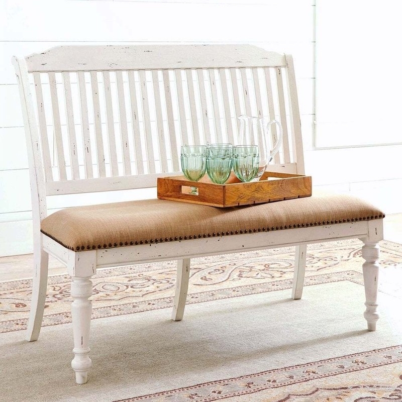 High Back Bench showcasing Distressed White Wood Frame