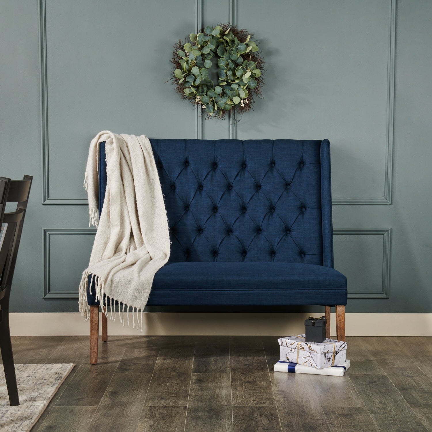 High Back Bench Tall Wingback Navy Blue Tufted Settee