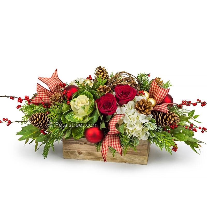 Holiday Centerpiece: Red Gingham Ribbon and Rustic Wood Box