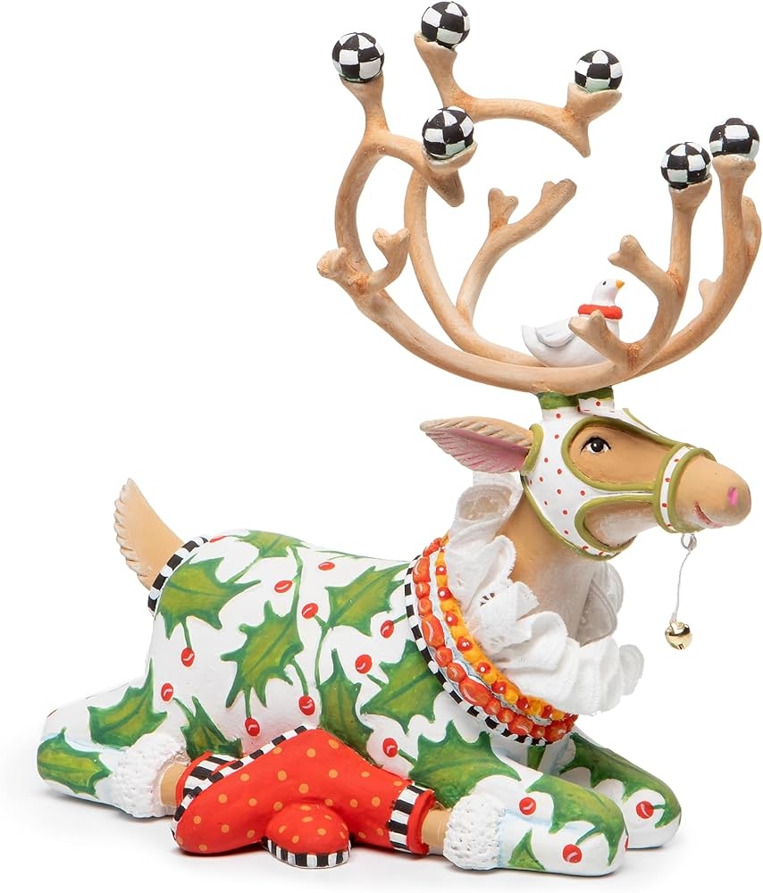 Holiday Figurine: Checkered Antler Tips Sitting Vixen Reindeer