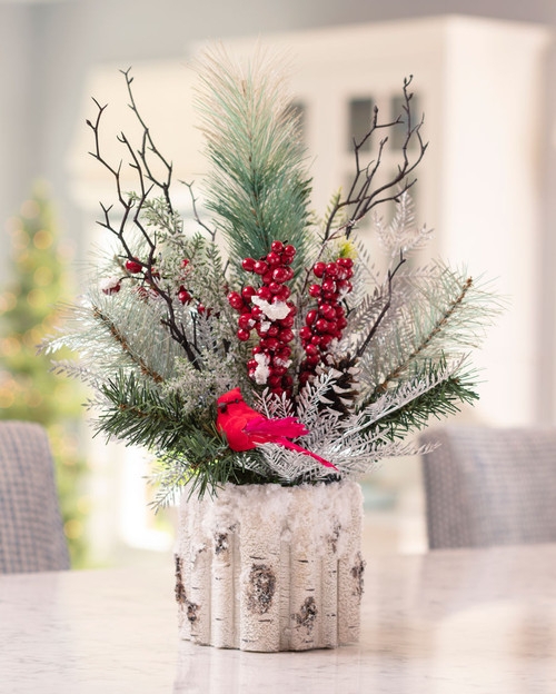 Holiday Floral Arrangement: Birch Bark Planter and Red Cardinal
