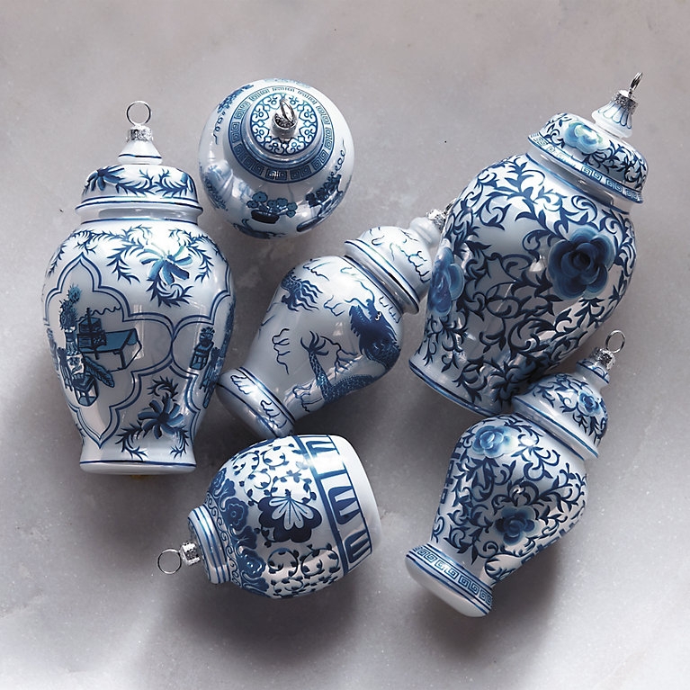 Holiday Ornaments Ginger Jar Shaped Blue And White Set