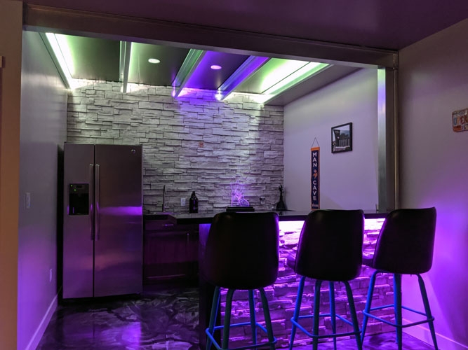 Home Bar: RGB Home Bar Lighting and Stacked Stone Texture