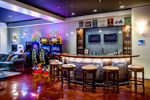 Home Bar: Riveted Metal Front and Industrial Man Cave Design