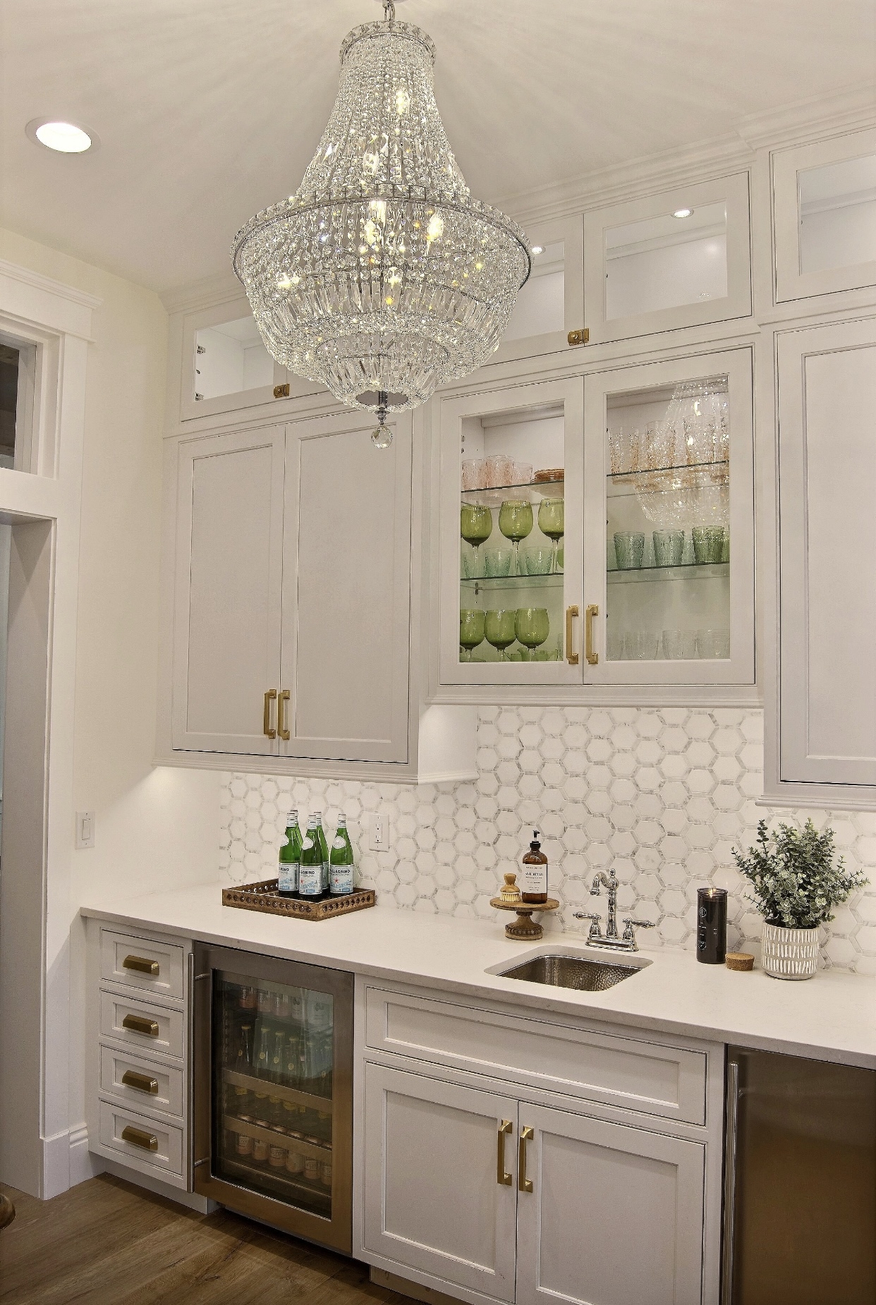 Home Bar White Design with Ornate Crystal Chandelier