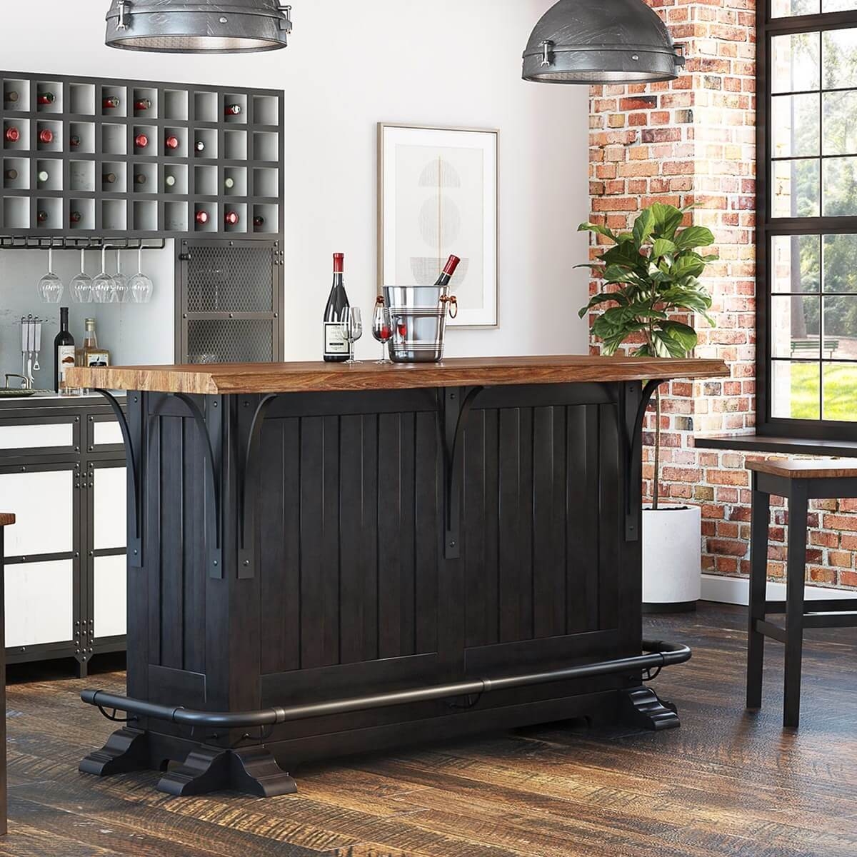 Home Bar with Wrap Around Footrail and Black Paneling