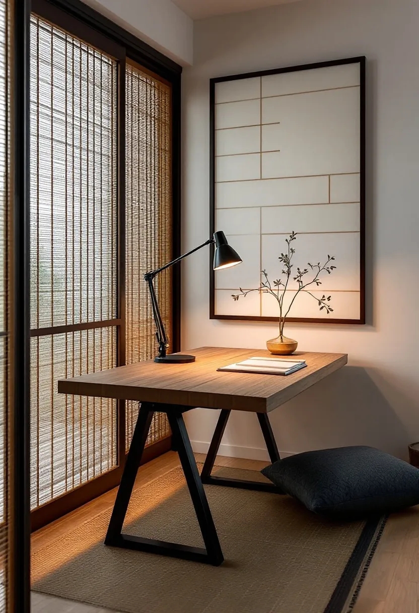 Home Office Desk Bamboo Blinds Minimalist Room Setup