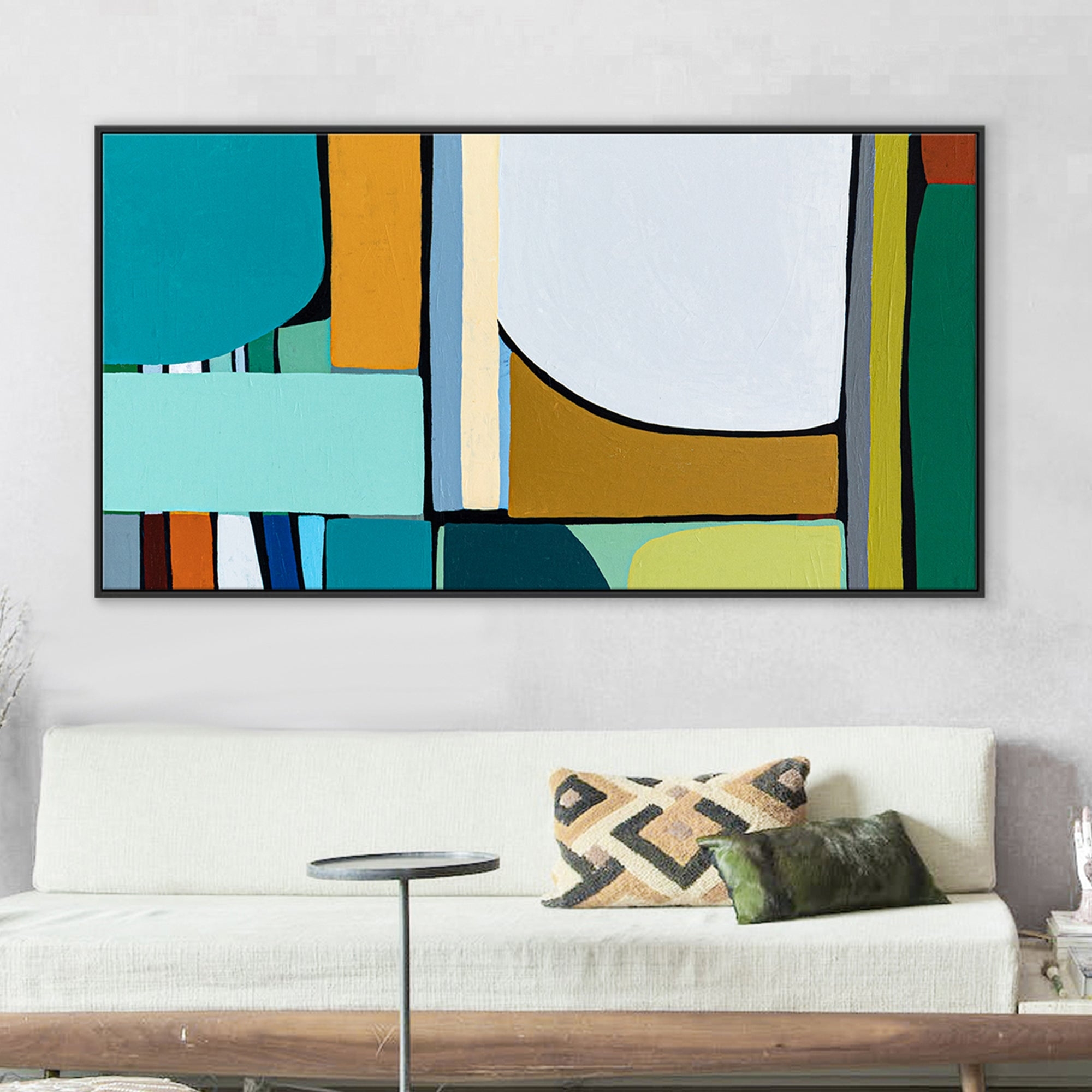 Horizontal Abstract Art Retro Teal Mustard Painting